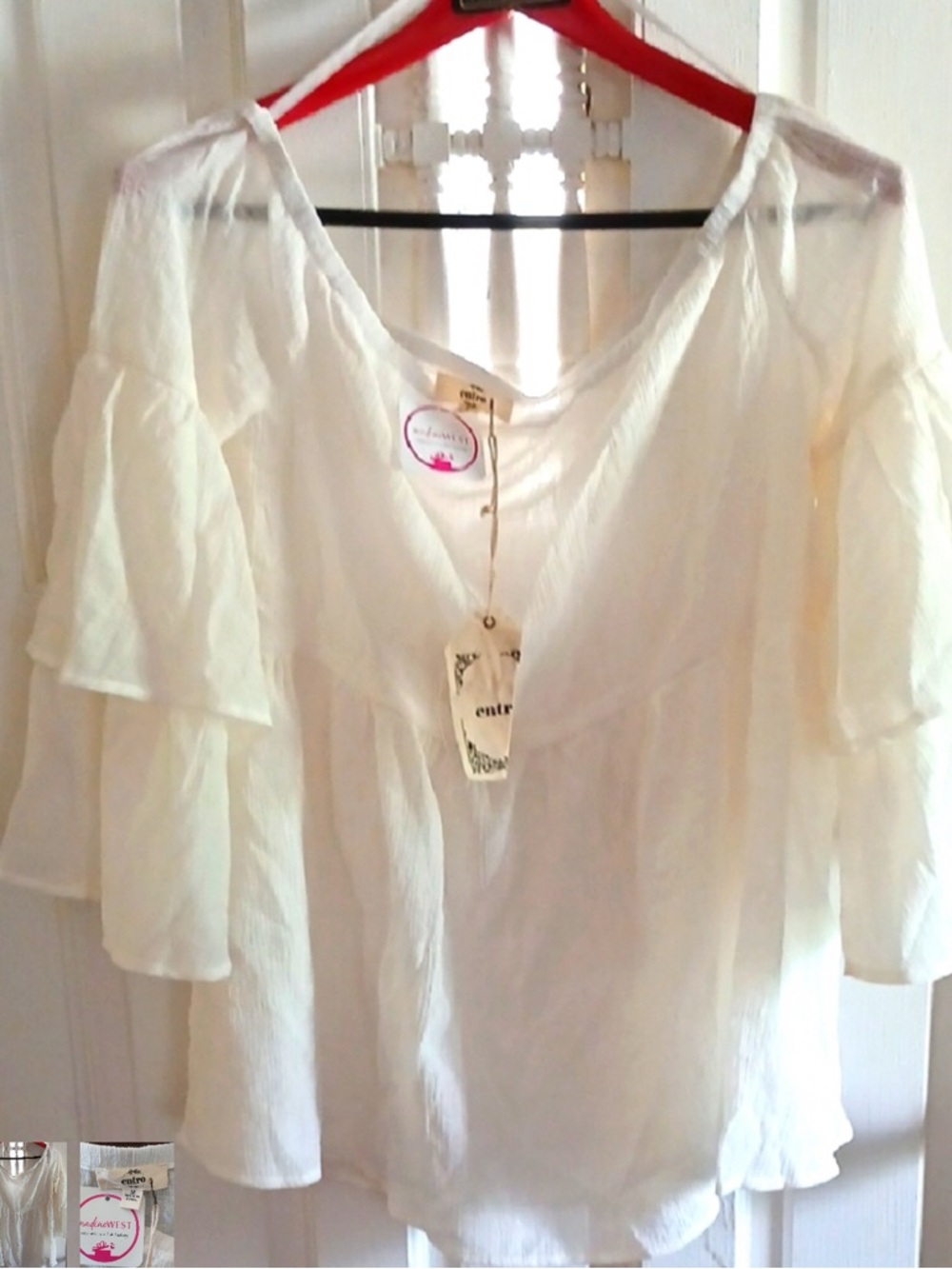 entro Cream Ruffle Sleeve V-Neck Blouse